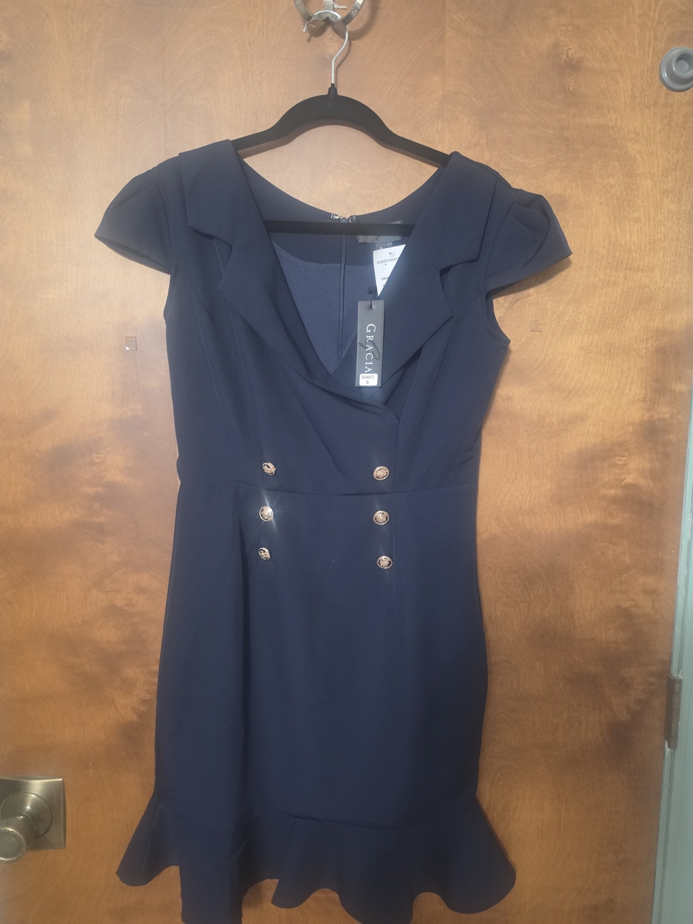 Gracia Navy Double-Breasted Ruffle-Hem Mini Dress